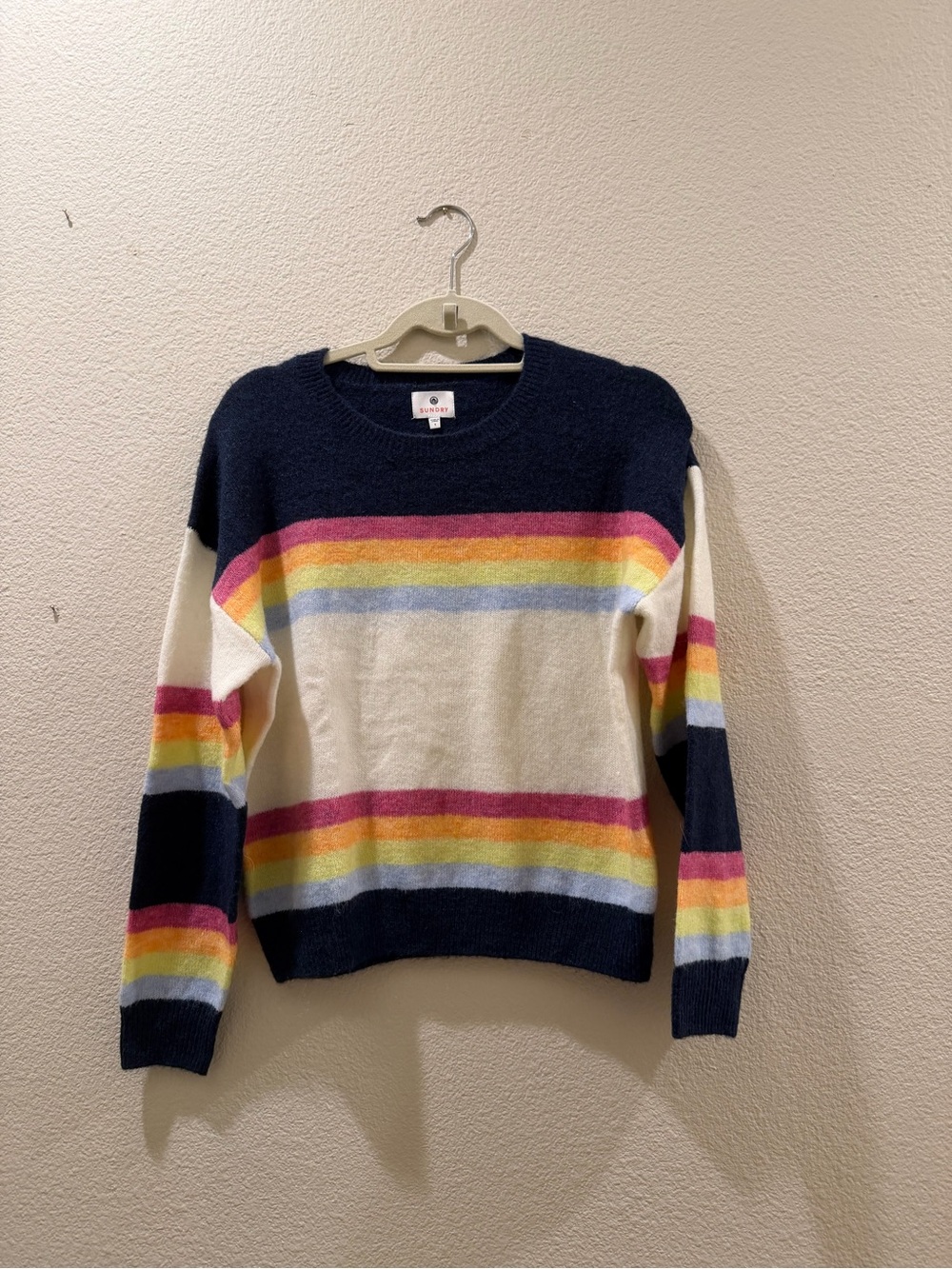 Sundry Navy & Ivory Rainbow Stripe Crewneck Sweater